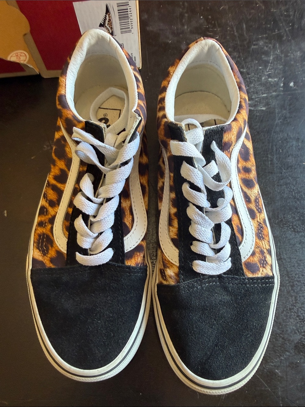 Vans Women's Leopard Print Lace-Up Sneakers with Black Toe and White Stripe